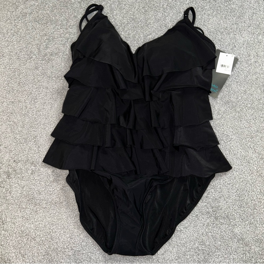 Aqua Green Black Ruffled Women's One Piece Swimsuit